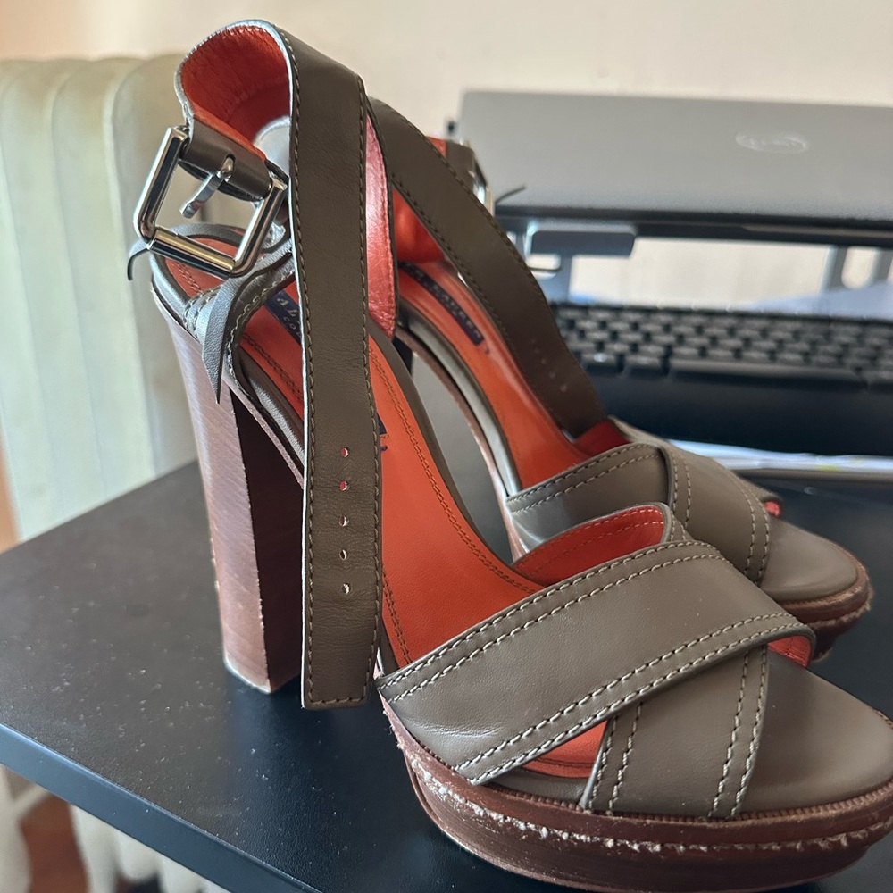 Ralph Lauren Green and Brown High-Heeled Platform Sandals